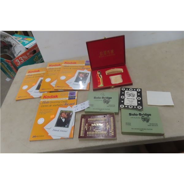 Kodak Picture Greeting Card Paper, Gong Shu Ming Bi Comb Set, and Vintage Bridge Game
