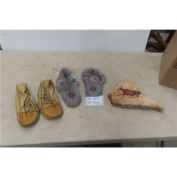 Rock with Art (Signed FG), Leather Moccasin, Beaded Slippers