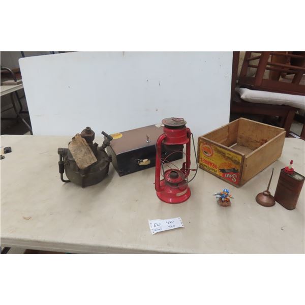 Lockbox with Key, Oil Can Lantern and Auto Parts