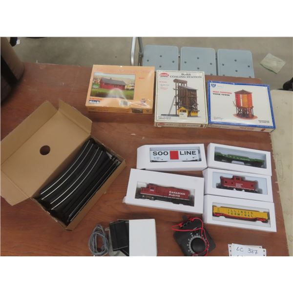 HO Scale Model Train Set with 4 Cars, Engine, Tracks, Buildings, Transformer, and More