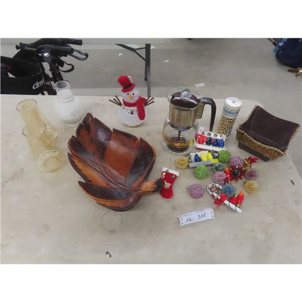 New Old Stock Glass Coffee Pot, Wooden Leaf Chip Bowl, Vintage Xmas Bulbs, and Glass Chimney