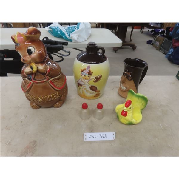 Set of 2 Cookie Jars, Chicken Salt and Pepper Holder, and Coffee Mug