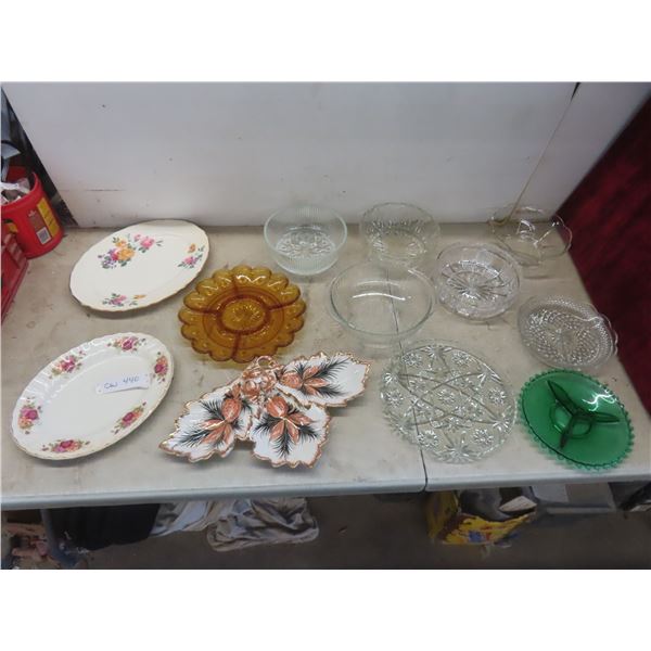 Crystal/Cut Glass, 2 China Platters and a Candy Bowl (One Crystal Piece Has a Chip - Pictured)