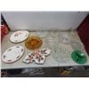 Crystal/Cut Glass, 2 China Platters and a Candy Bowl (One Crystal Piece Has a Chip - Pictured)