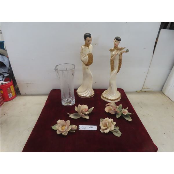 2 Porcelain Figurines (19  Tall, One Damaged), Vase, and 4 Ceramic Orchids(1 Damaged Piece)