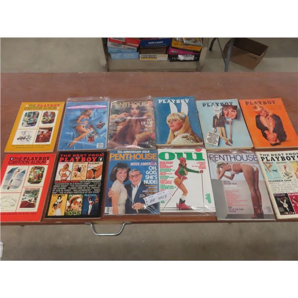 Lot of 10 Adult Magazines Including Penthouse, Playboy, Oui, and Playboy Cartoon Album