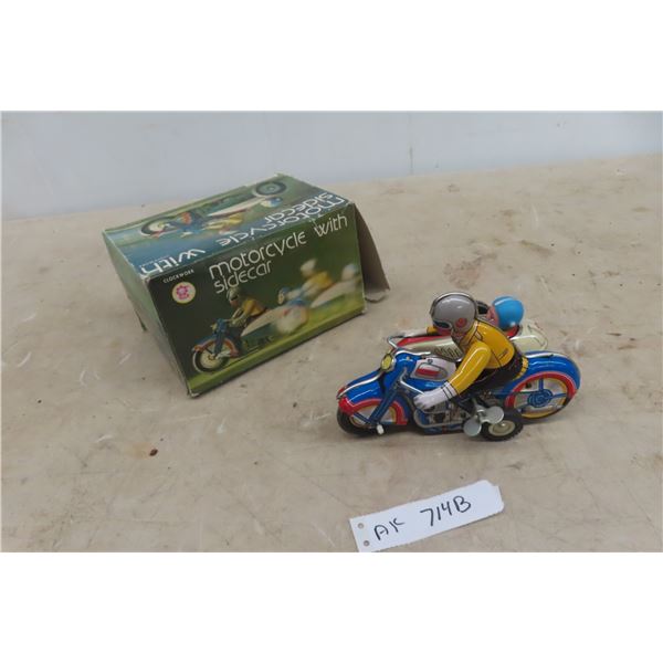 Wind Up Tin Motorcycle with Side Cart and Box 