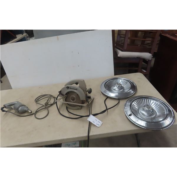 2 Dodge Hubcaps, Power Circular Saw, Power Drill