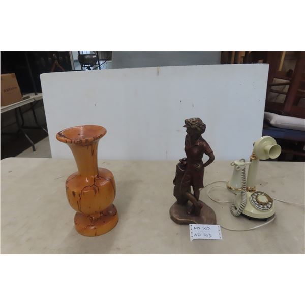 Rotary Desk Phone, Austin Sculpture of Lady Golfing, Wood Vase