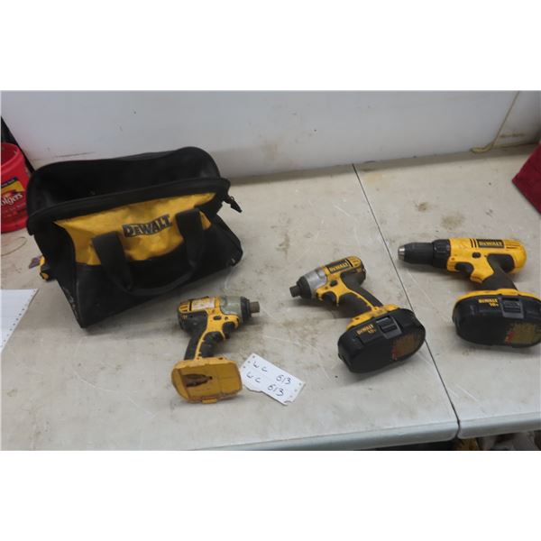 3 Dewalt 18V Cordless Tools: 1/2'' Drill, (2) 1/4'' Impacts , 2 