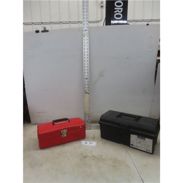 16" Toolbox, Vintage Metal Fishing Tackle Box, and 48" Drywall Square