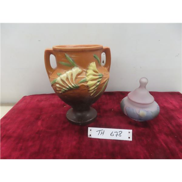 Vintage Raven Nouveau Art Glass Covered Candy Dish and Roseville Pottery Vase