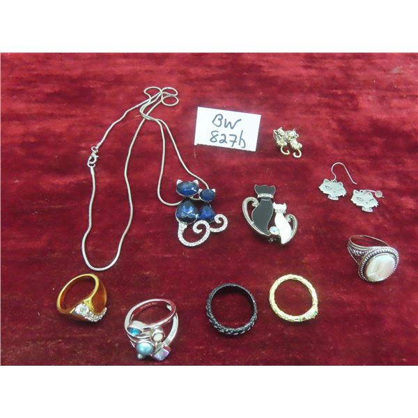 Fashion Jewelry: Five Rings (Sizes 9 and 10) Cat Earrings, Brooch, and Necklace