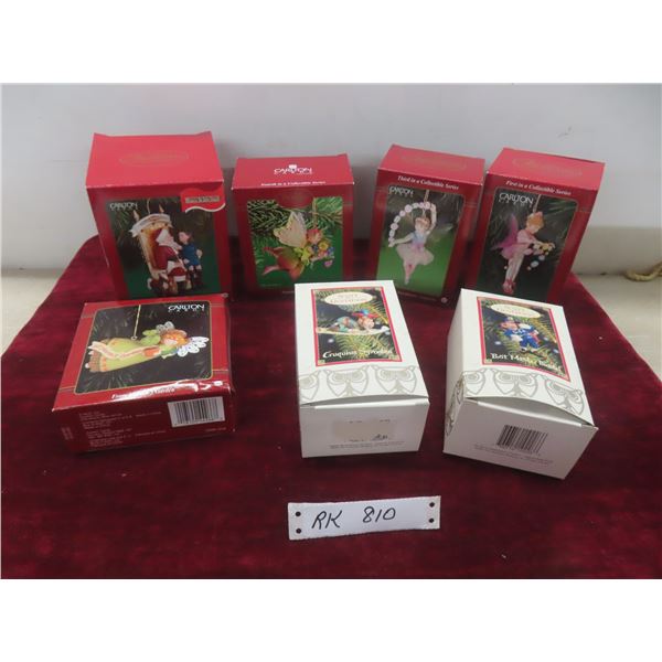 Five Carleton Christmas Ornaments and Two Scott Gustafson Ornaments