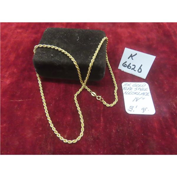 10K Gold Rope-Style Chain, 18", Total Weight 3.1 G