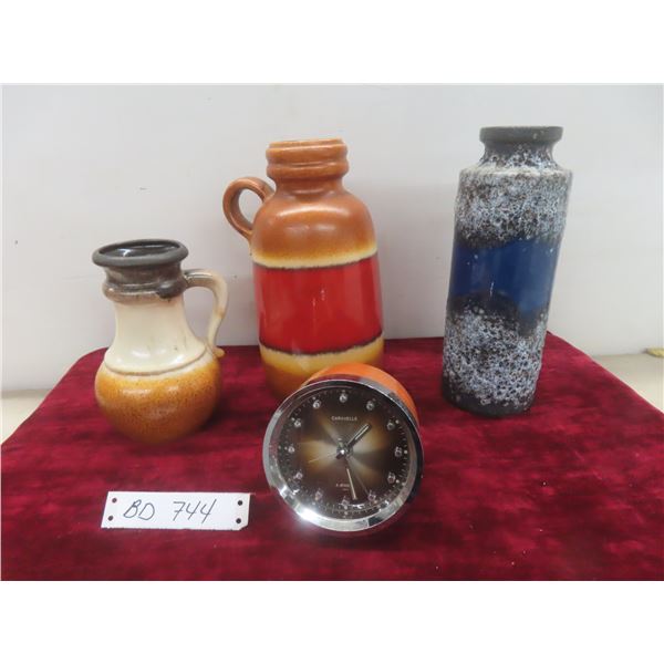 3 Vintage Midcentury West German Vases and Retro Clock