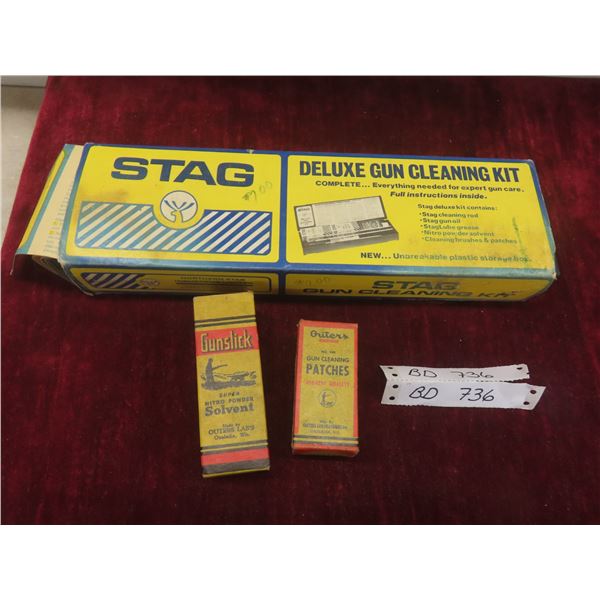 Vintage Stag Gun Cleaning Kit. Patches, Solvent in Org Box