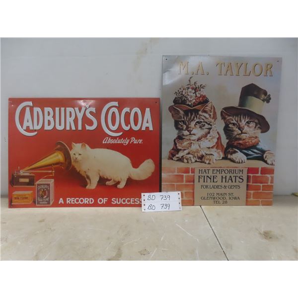 2 Vintage Cat Advertising Metal Signs and Olive Oil Dispenser, Largest 16" X 12"