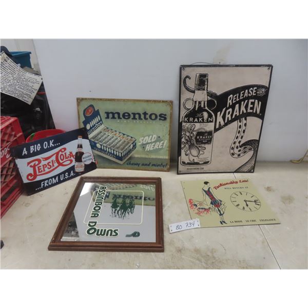 Various Signs (Mentos, Pepsi, Kraken, Assiniboia Downs, and More); Largest Approx. 18" x 14"