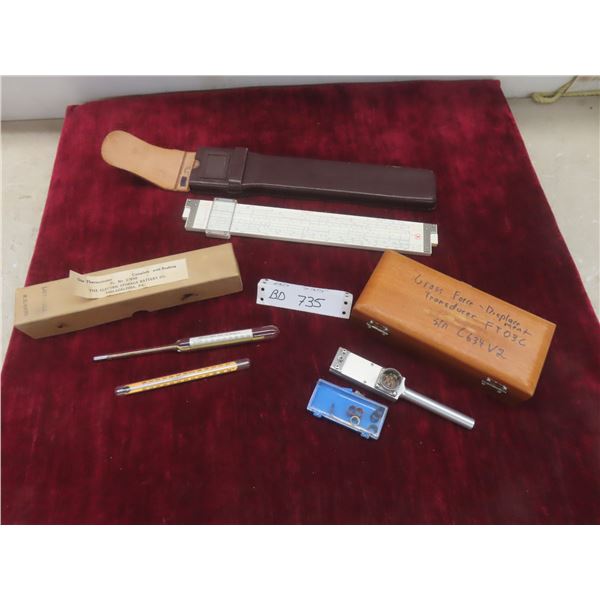 Vintage Measuring Tools - Slide Rule, Thermometer, Force Transducer in Cases