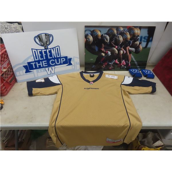 Vintage Blue Bombers Men’s Large Football Jersey With Reebok-Branded Mounted Photo and Yard Sign