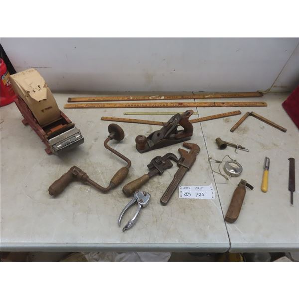 Antique Tool Lot: Plane, Wrenches, Yardsticks, Rulers, and More