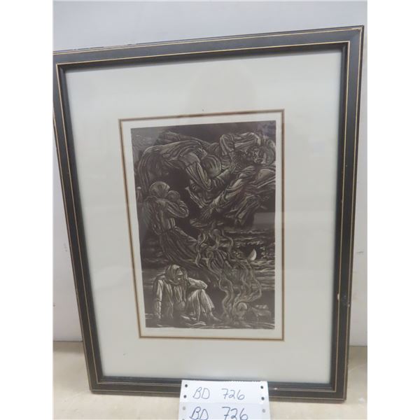 Vintage Framed Woodcut Print, Gothic Theme
