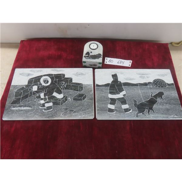 First Nations/Inuit Scratch-Carved Soapstone Slabs (Signed) and Signed Soapstone Clock, 8" x 12"
