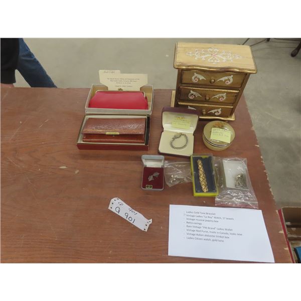 Rare Vintage Pitt Brand Walnut Hand Carved Alabaster Trinket Box, Ladies Watches and More