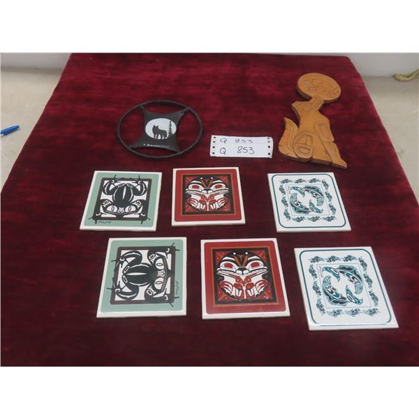 Carved Coyote Plaque by Eddie A., Squamish Nation '96, 6 Coasters and More