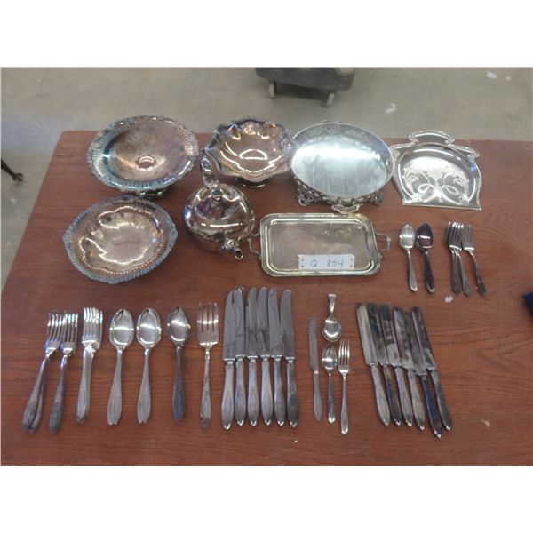 Silver Plated Servingware, Tea Pot + 40+ Pieces Silverware