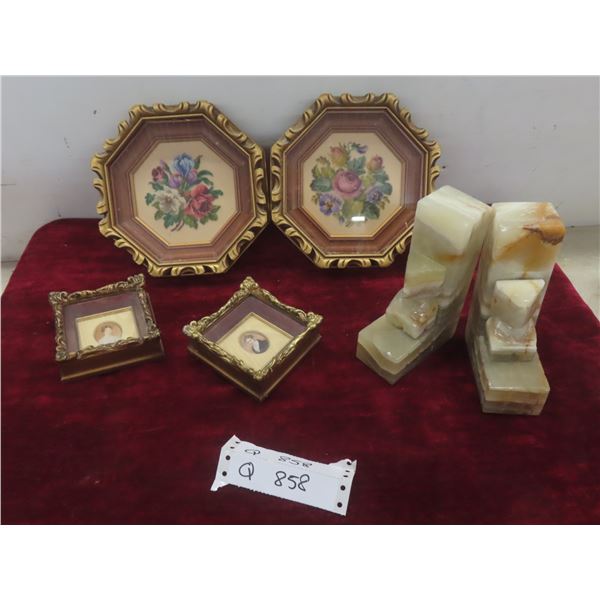2 Petit Point Pictures, 7 1/2" X 8", 2 Marble Style Bookends, 6" Tall