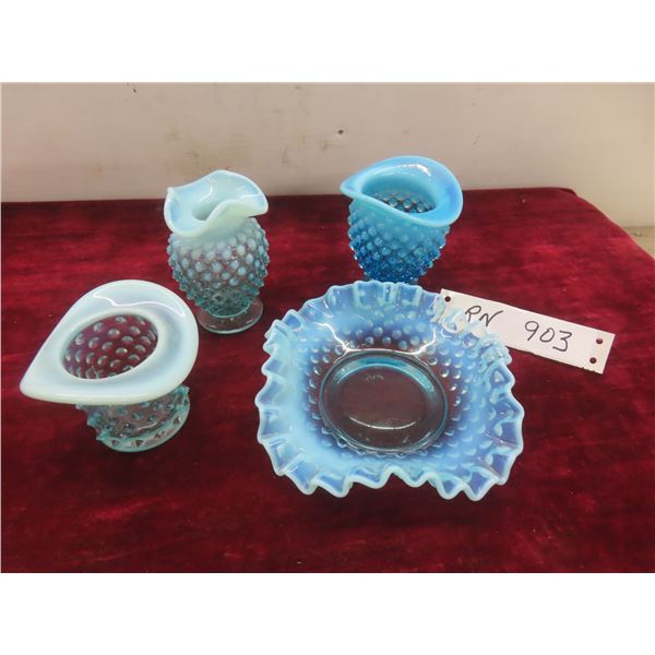 4 Pieces Vintage Fenton Blue Opalescent Hobnail: Ruffled Candy Dish, Ruffled Edge Vase & Top Hat