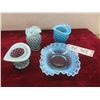 Image 1 : 4 Pieces Vintage Fenton Blue Opalescent Hobnail: Ruffled Candy Dish, Ruffled Edge Vase & Top Hat