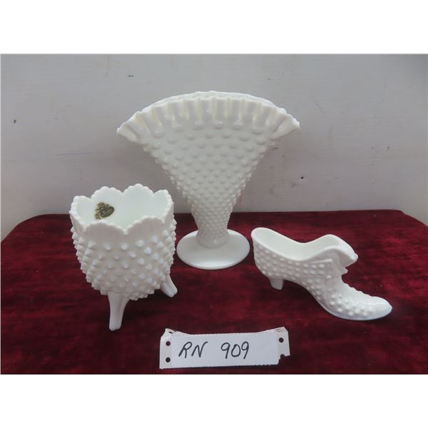 Vintage Fenton Hobnail Milk Glass, Fan Vase, Egg Shaped Footed Vase & Shoe