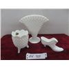 Image 1 : Vintage Fenton Hobnail Milk Glass, Fan Vase, Egg Shaped Footed Vase & Shoe