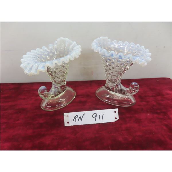 2 Vintage Fenton White Opalescent Hobnail Cornucopia Candle Holder & 2 New Beeswax Candles