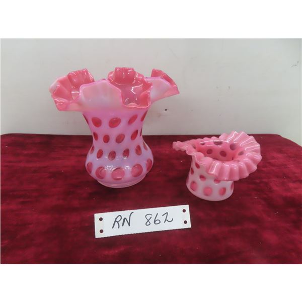 2 Pieces Vintage Fenton Cranberry Opalescent Coin Dot Vase, Top Hat Vase with Crimped Rim