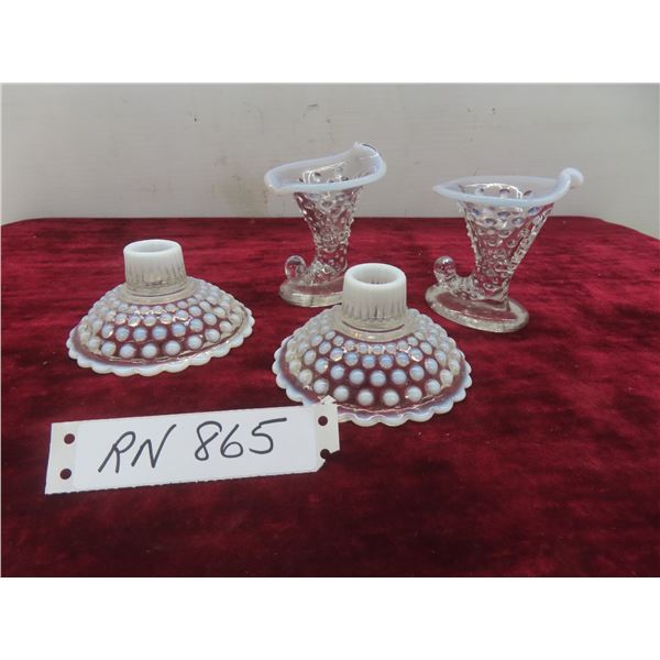 Vintage Fenton Opalescent Hobnail Candlestick Holders, Cornucopia Vase