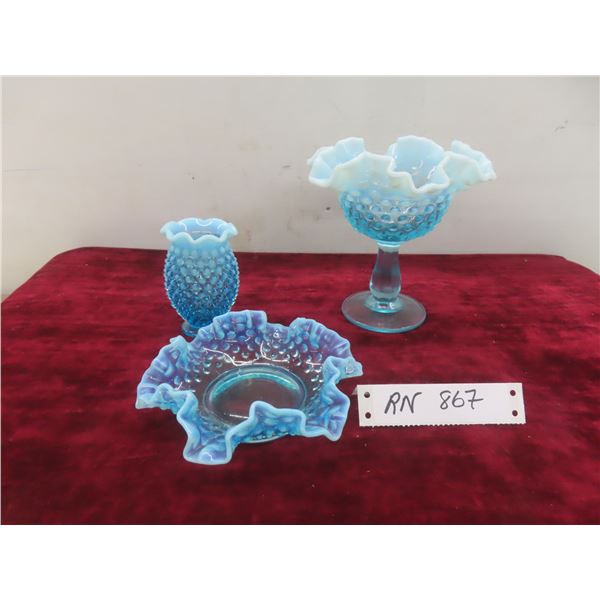 Vintage Fenton Blue Opalescent Hobnail Candy Dish, Vase, Ruffled Edge Dish
