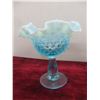 Image 6 : Vintage Fenton Blue Opalescent Hobnail Candy Dish, Vase, Ruffled Edge Dish