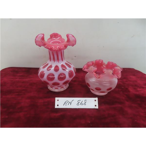 2 Pieces Vintage Fenton Cranberry Opalescent Coin Dot Vase & Bowl W/ Ruffled Edges