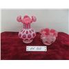 Image 1 : 2 Pieces Vintage Fenton Cranberry Opalescent Coin Dot Vase & Bowl W/ Ruffled Edges