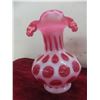Image 5 : 2 Pieces Vintage Fenton Cranberry Opalescent Coin Dot Vase & Bowl W/ Ruffled Edges