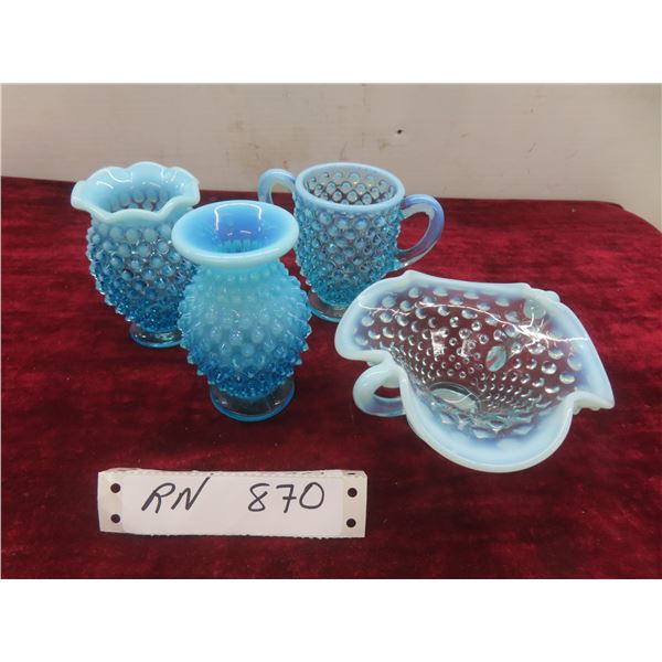 Vintage Fenton Blue Opalescent Hobnail Candy Dish, Sugar Bowl & 2 Vases 1 W/ Ruffled Edge