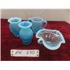 Image 1 : Vintage Fenton Blue Opalescent Hobnail Candy Dish, Sugar Bowl & 2 Vases 1 W/ Ruffled Edge