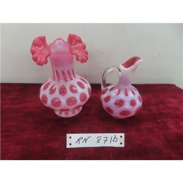 2 Pieces Fenton Cranberry Coin Dot Glass Vase + Cruet or Pitcher
