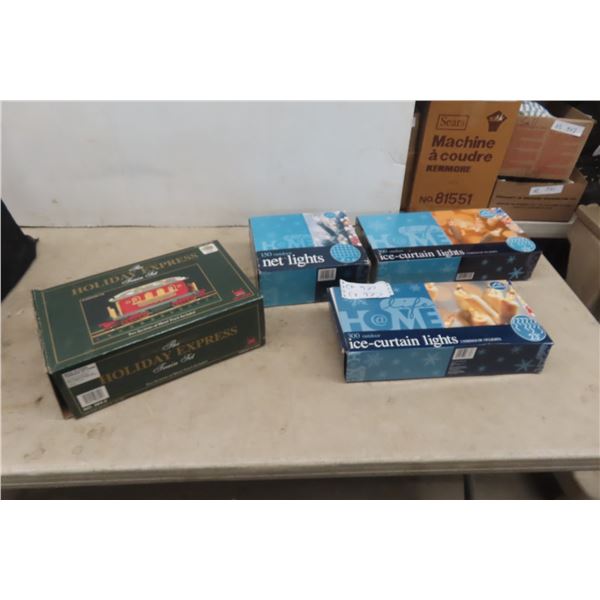 Three Sets of Christmas Lights: Ice Curtain and Net Lights; Holiday Express Passenger Car