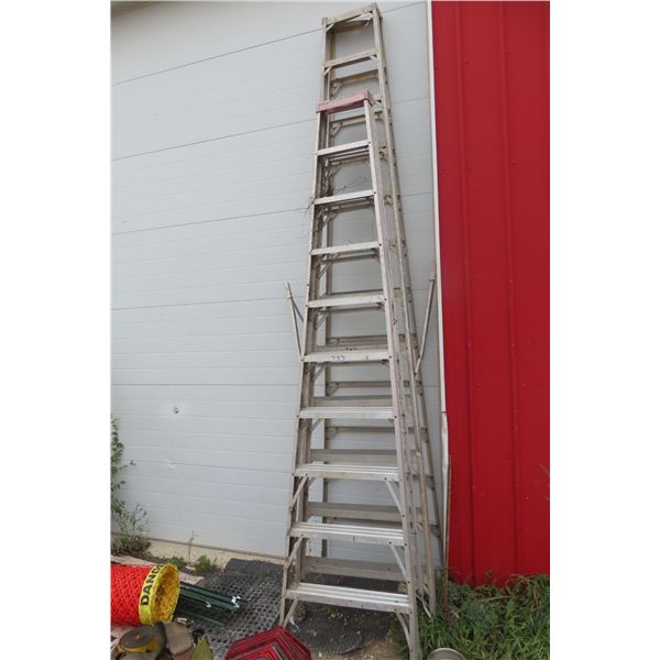 2 x Aluminum Ladders, 10' and 12'; Brace Damaged; One Leg Bottom Bent