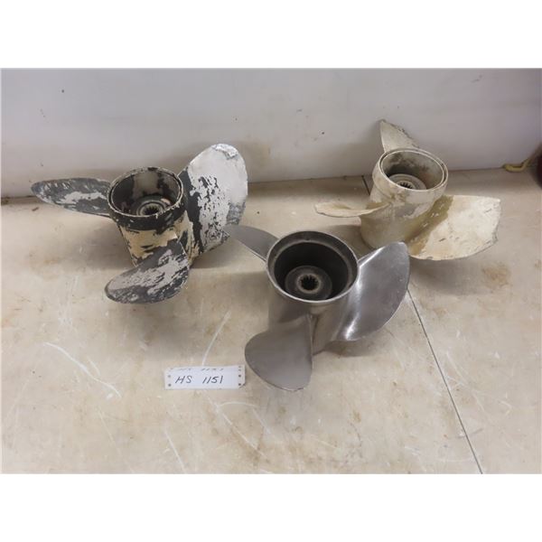 Three Assorted Boat Propellers — Includes Two Johnson; One Stainless, One Aluminum, and Other Metal